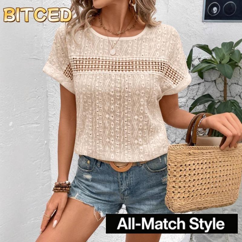 BITCED Women's Fashion Casual O-Neck Short Sleeve Blouses & Shirts