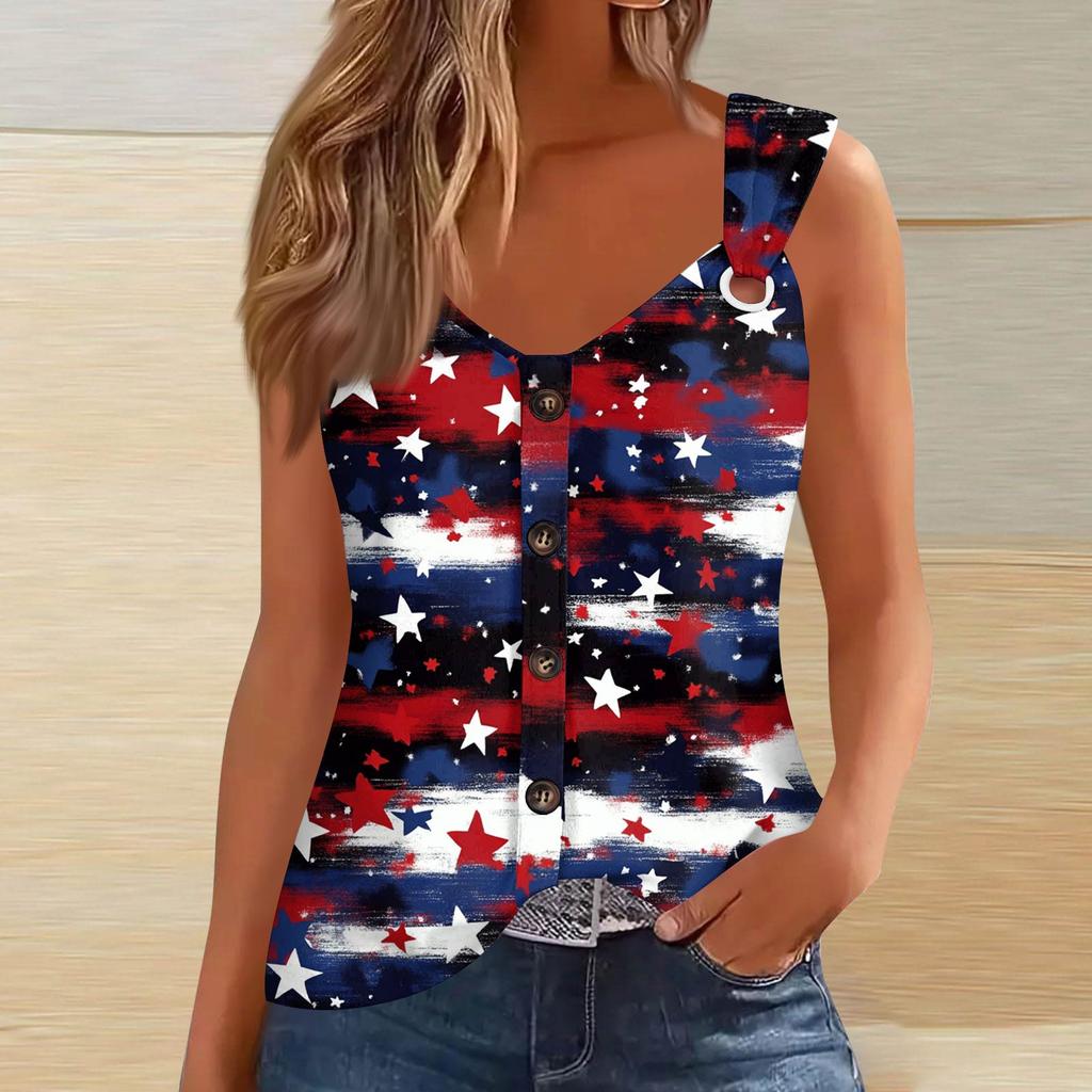 Women's Fashion Casual Loose Sleeveless Buttoned V-Neck Independence Day Printed T-Shirt Top