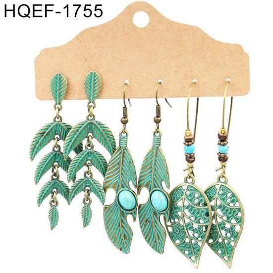 3Pairs Women Hollow Leaf Teardrop Round Dangle Ear Stud Hook Earrings Jewelry