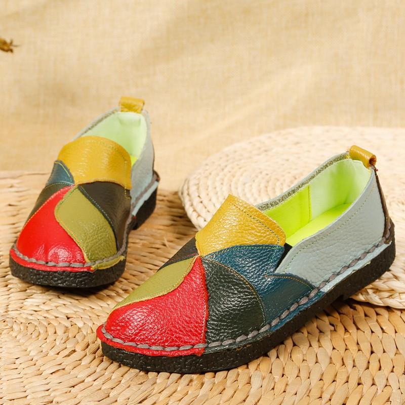 New Flat Women's Shoes Genuine Leather Casual Color-blocking Women's Singles Shoes Middle Mother's Shoes Large Size Shoes