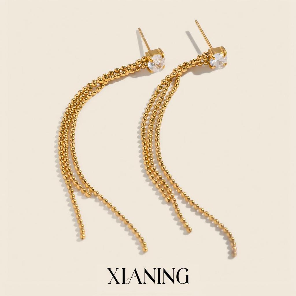 Xia Ling Zircon-Inlaid Chain Tassel Earrings In Stainless Steel