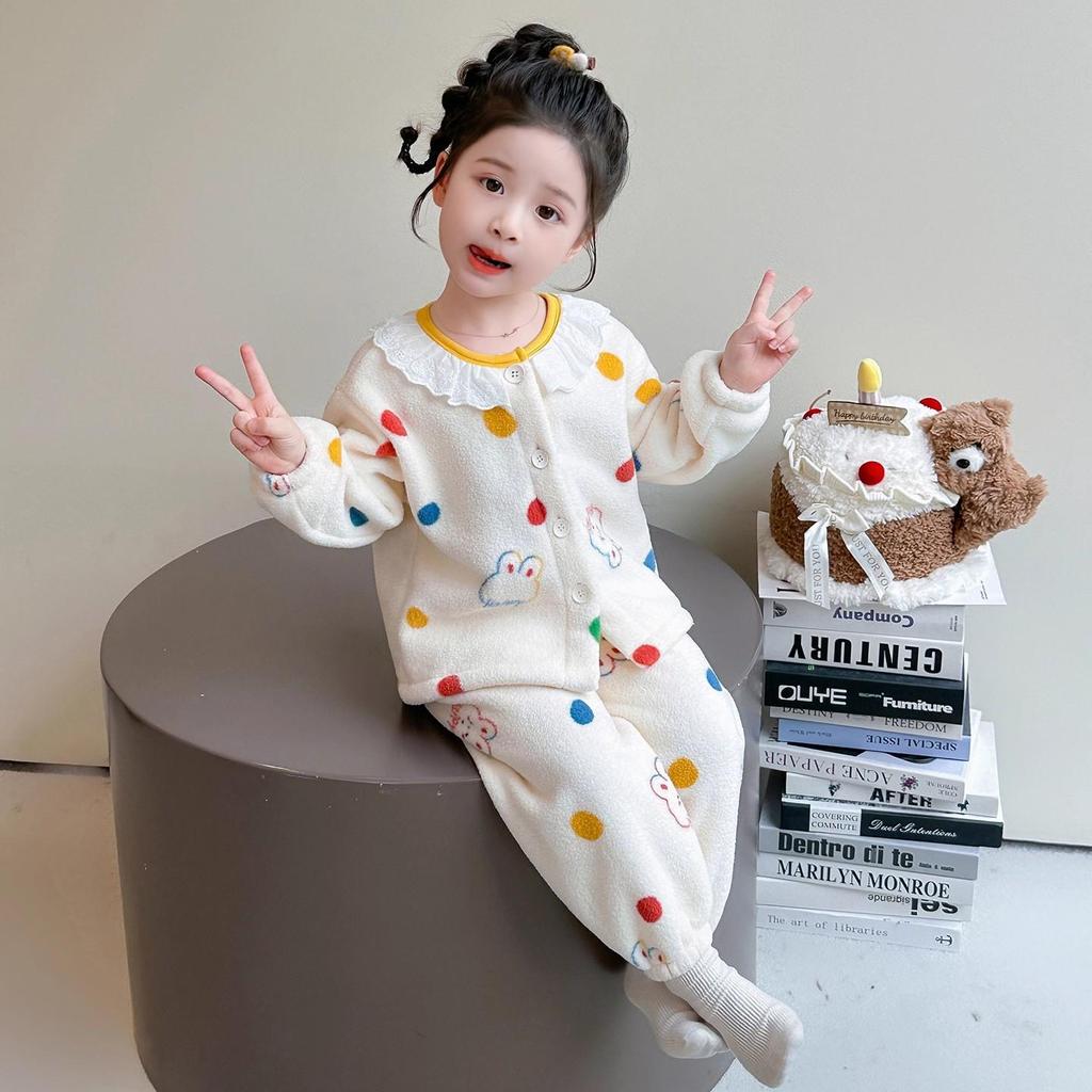 Kinder Winter Flannel Schlafanzug Set - Koralle, Samt, Verdicktes Trendiges Design für Mädchen