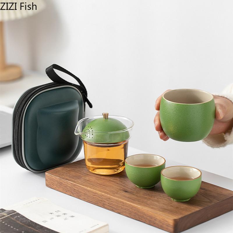 BRLemon Kung Fu Tea Set Portable Outdoor Travel Tea Set Ceramic Quick Cup One Pot Two Cup Set Chinese Tea Ceremony AccessoriesEY