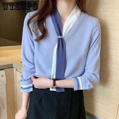 Professional Shirt Women's Lace-up Chiffon Long-sleeved Spring and Autumn Retro Design Sense Suit Collar Western-style