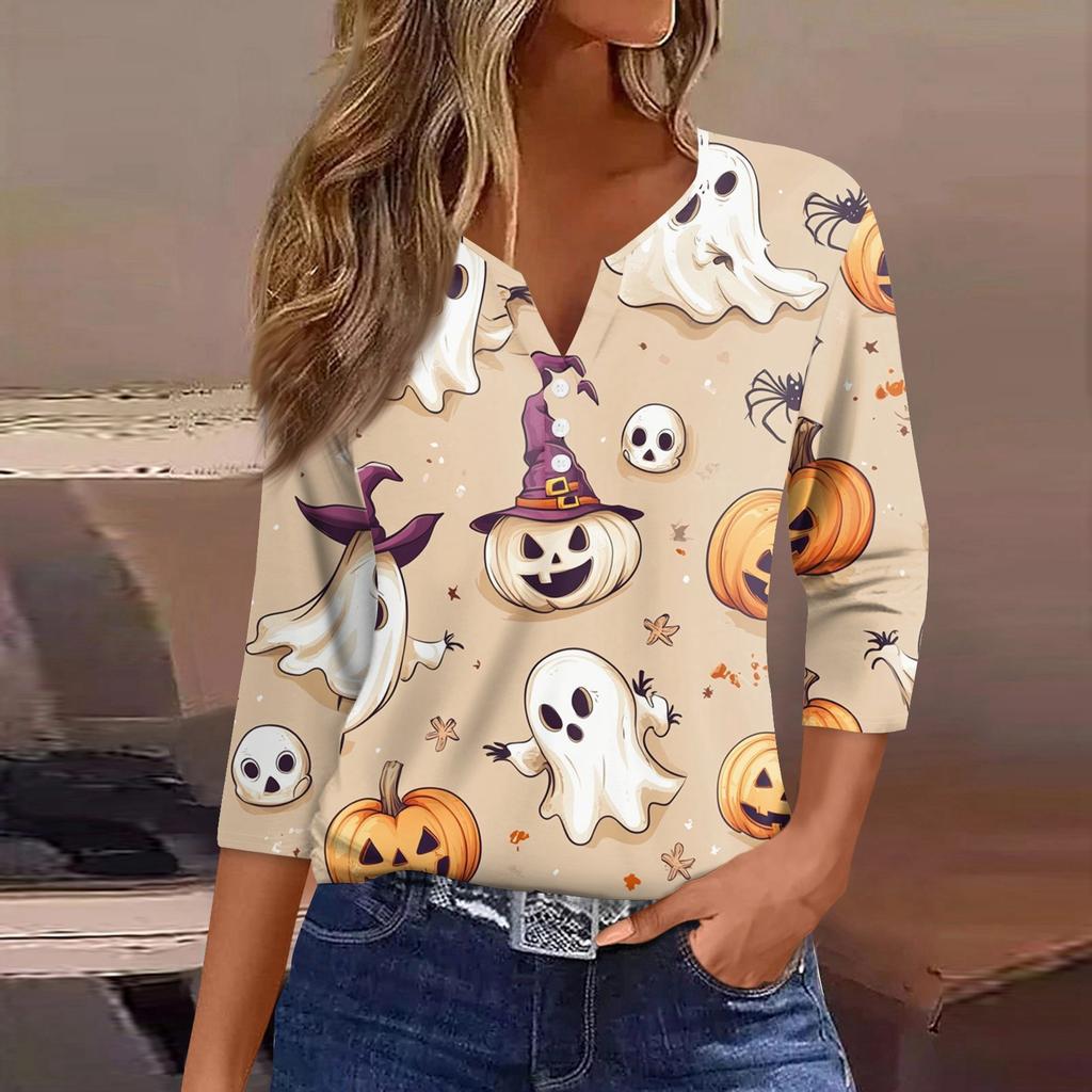 Damen T-Shirt Tee Halloween Bedruckt Knopf 3/4 Ärmel Tunika Täglich Wochenende Mode Basic V-Ausschnitt Reguläres Oberteil