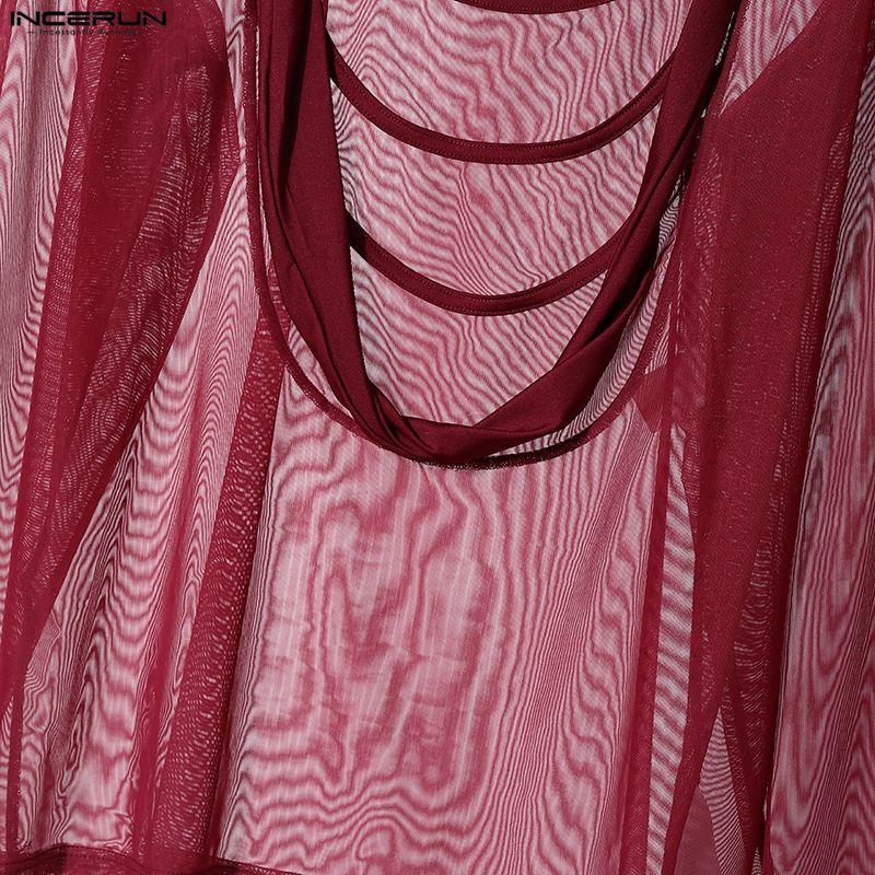 INCERUN Chemises Hauts Décontractés de Fête pour Hommes à Col Profond à Manches Longues en Maille Transparente