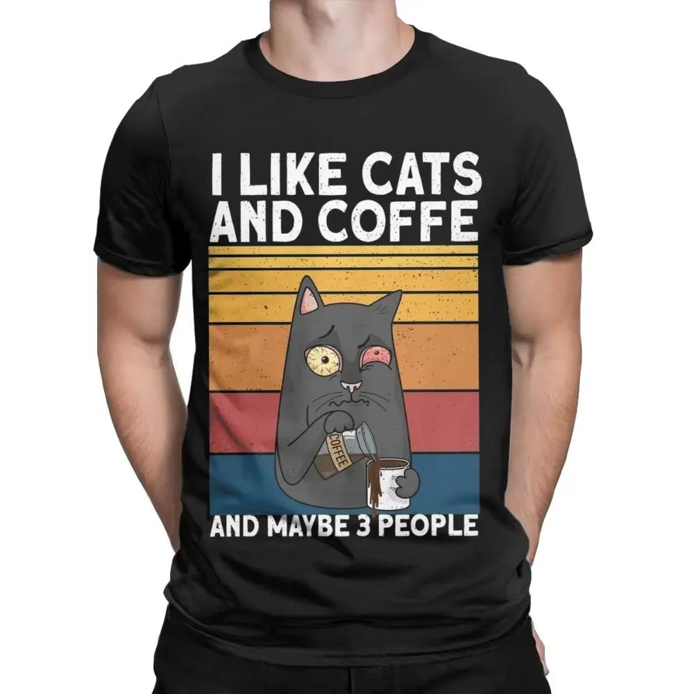 I Like Cats And Coffee Men T Shirt Vintage Tees Short Sleeve Crew Neck T-Shirt Cotton Original Clothing