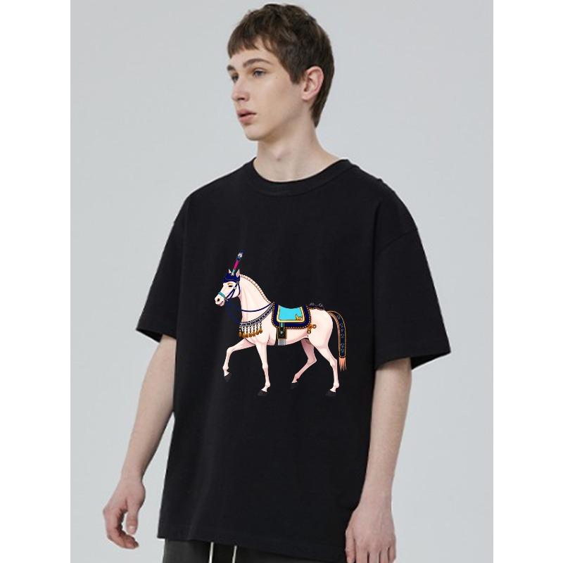 Black T Shirt With Decorated Horse Print For Casual Wear