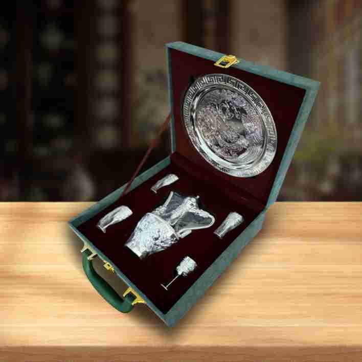 Dragon & Phoenix Wine Set: Silver Pot, Silver-Plated & Gold-Plated Cups, Five-Piece Set in Leather Box.