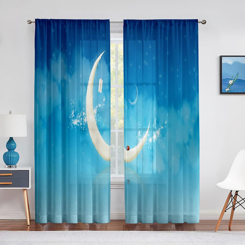 Blue Starry Night with Stars Moon Clouds Tulle Curtains for Living Room Kids Bedroom Chiffon Sheer Voile Kitchen Window Curtain