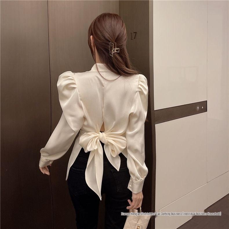 Chic French Autumn Puff Sleeve Slit Waist-Hugging Long Sleeve Top for Women