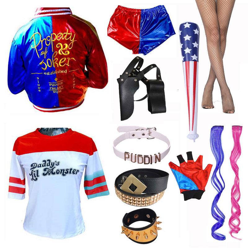 Top Qualität Mädchen Damen Selbstmord Harley Cosplay Kostüme Squad Quinn Monster Genähte Jacke Hosen Sets Karneval Anime Kostüm