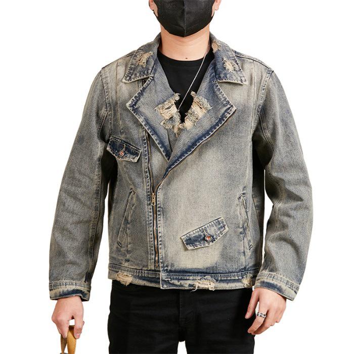 Men's Plus Size Retro Denim Jacket with Turn-Down Collar and Multi-Pockets for Spring