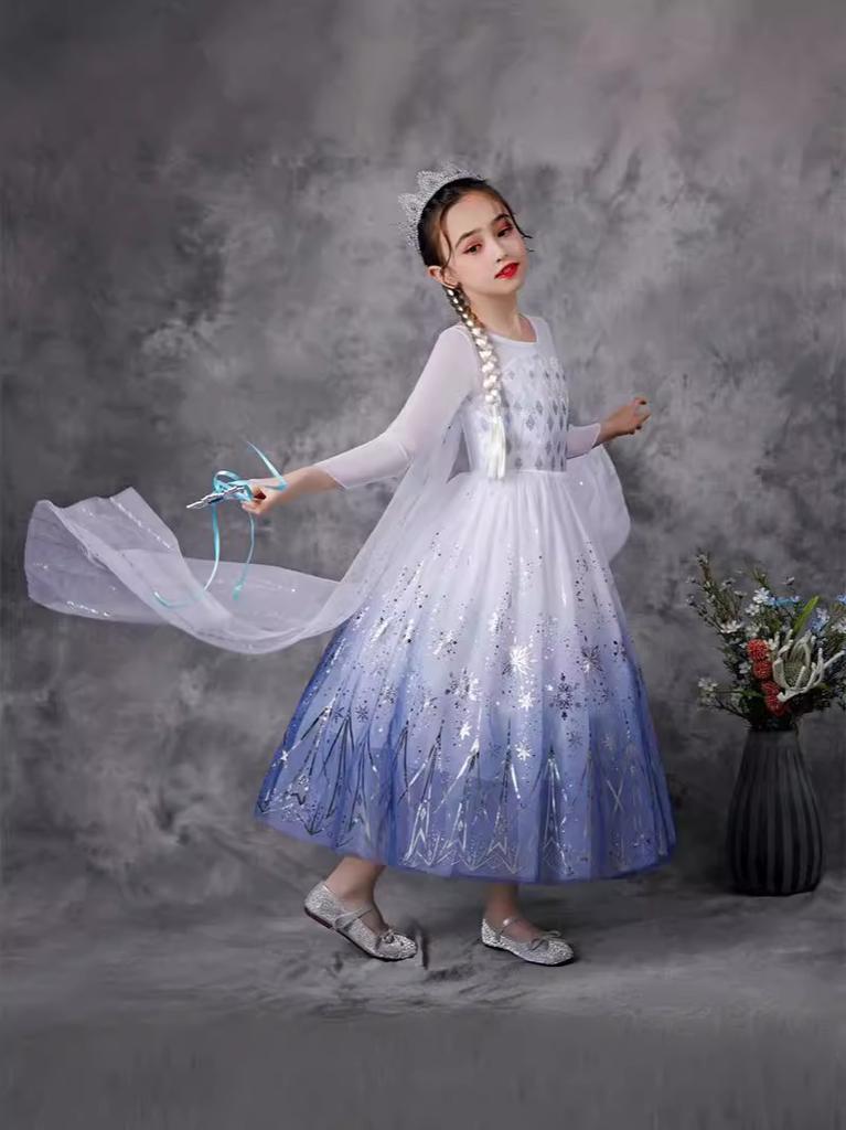  Elsa Princess Dress Long Sleeve Girls Costume Halloween Cosplay Gown with Cape Train Kids Party Dress