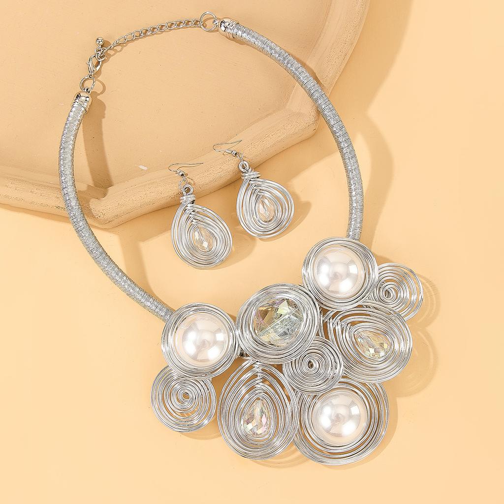 Fashion Luxury Crystal Bead Aluminum Wire Hand Woven Statement Necklace Earrings Jewelry Set For Women Party Dress Accessories