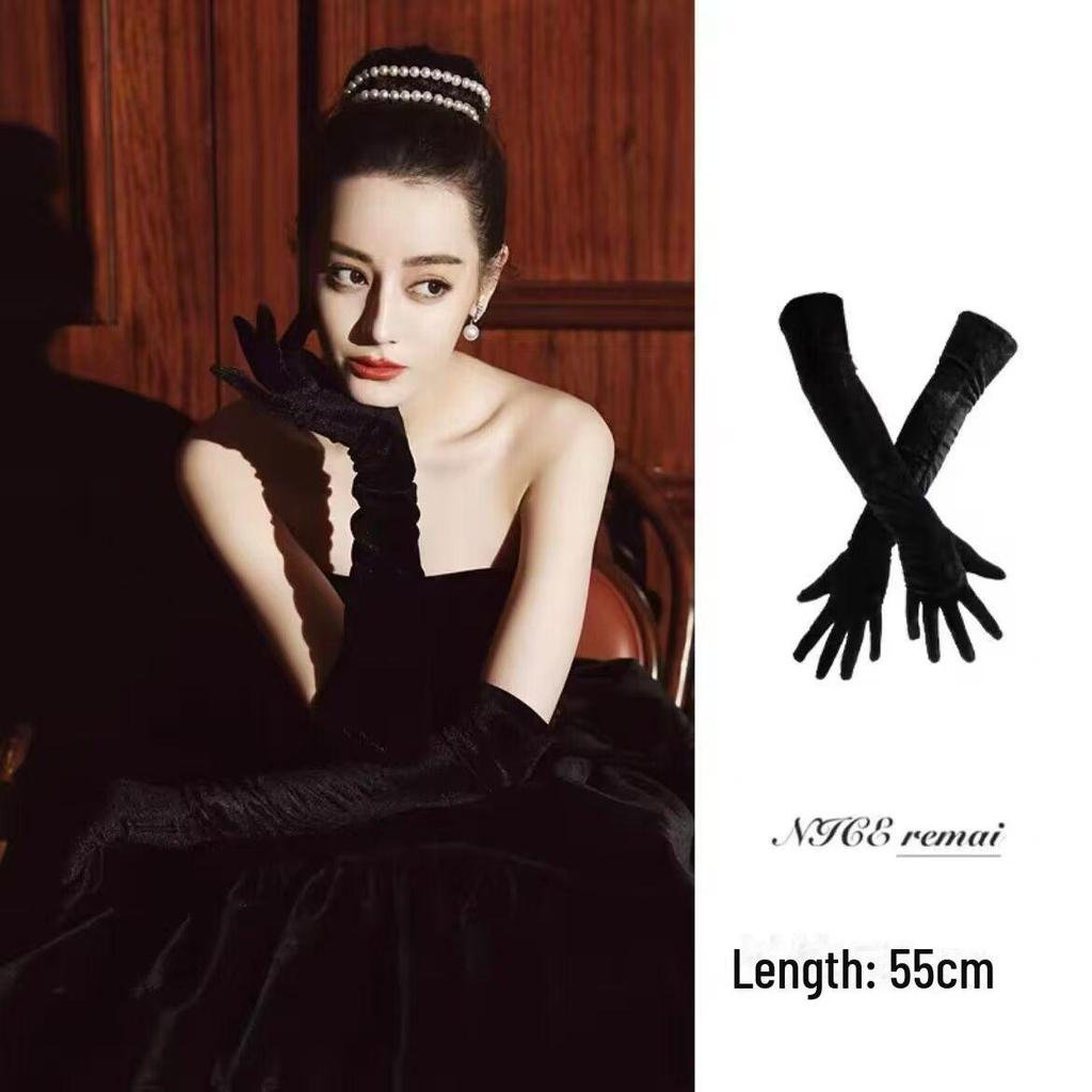 Reba Gold Velvet Long Wedding Gloves: Retro Hepburn Style for Brides