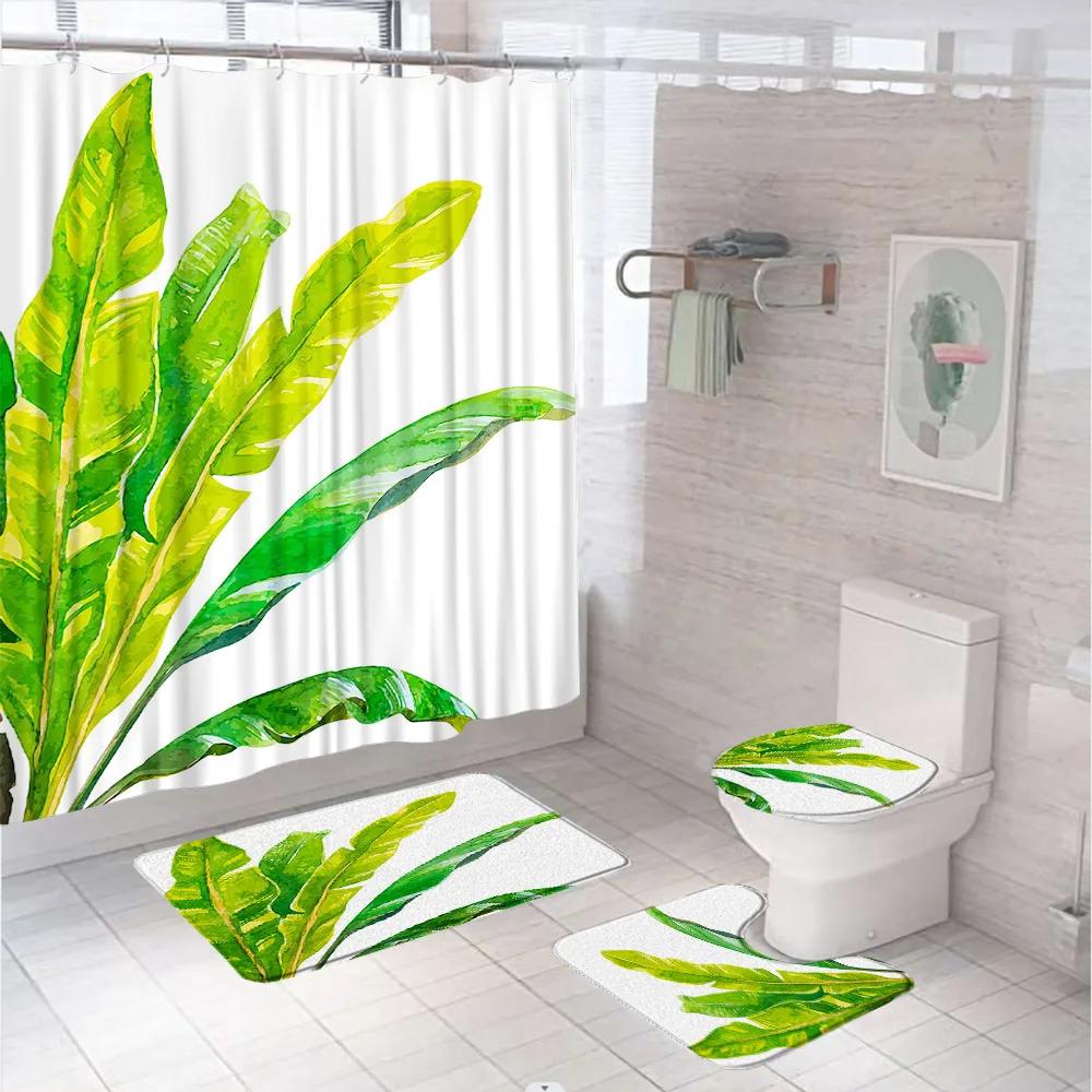 Watercolor Plant Floral Shower Curtain Set Country Wild Flower Leaves Bathroom Decor Screen Non-Slip Bath Mat Toilet Rug Carpet