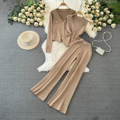 Modischer Anzug für Damen, dreiteiliger Anzug mit langärmeligem Kragen, einreihiger Strickjacke + Weste + gerader Hose mit weitem Bein und hoher Taille