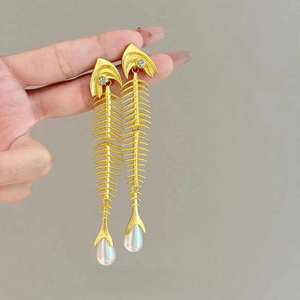 Personalized Fish Bone Imitation Pearl Dangle Earring for Women Vintage Gothic Tassel Ear Pendant Elegant Jewelry Gifts 2026