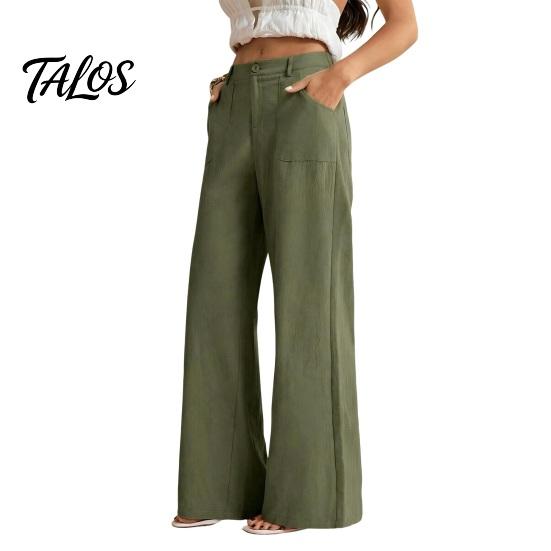 Bequeme Hose Baumwolle Leinen Weites Bein für Damen, Lockerer Knopf Elastischer Bund Arbeitsbund Freizeit Hose, Einfarbige Palazzo mit Taschen