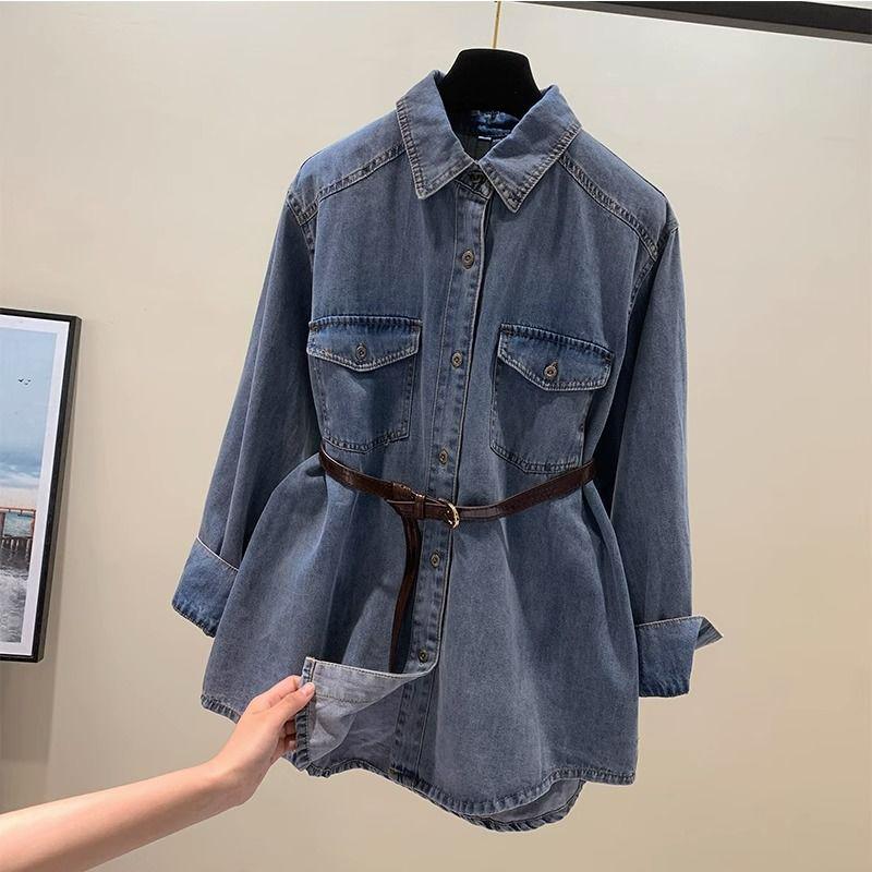 Damen Retro Hong Kong Stil Jeanshemdjacke mit gerafften Ärmeln