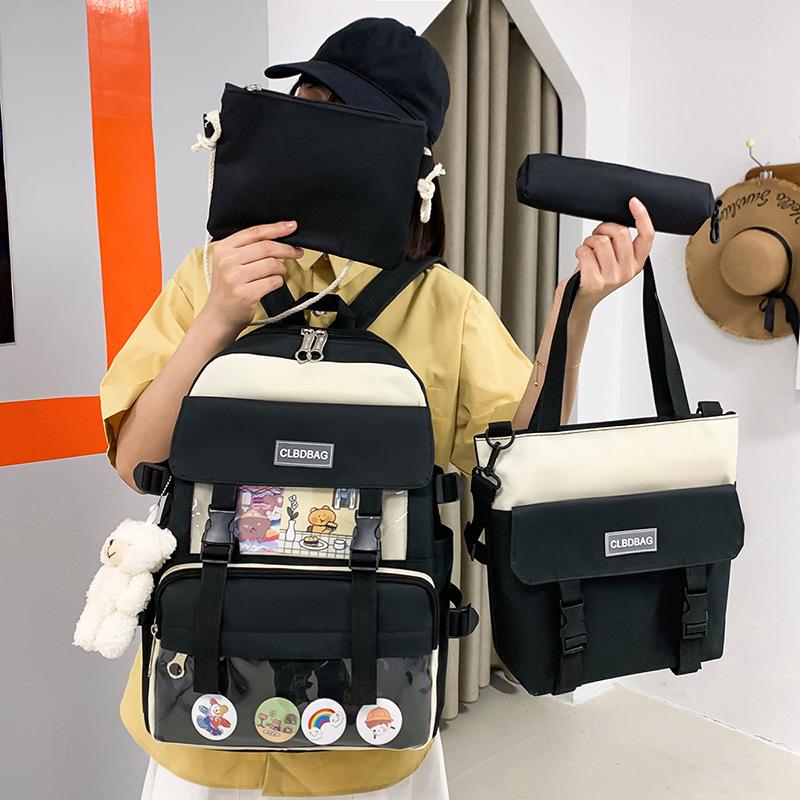 Canvas Backpack Women'S Tide Multi-Purpose Four-Piece Backpack Harajufeng Campus Junior High School Student Schoolbag