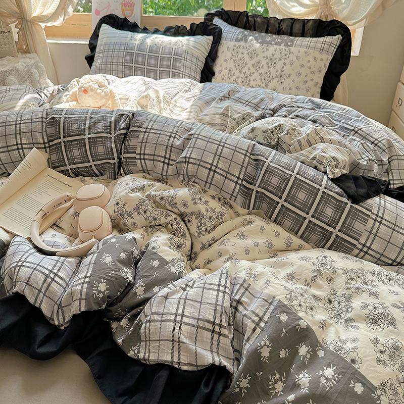 Bonenjoy Queen Size Duvet Cover Sets with Black Ruffles King Size Bed Cover Sets Reactive Printed Bedding Set Single Bed Linens