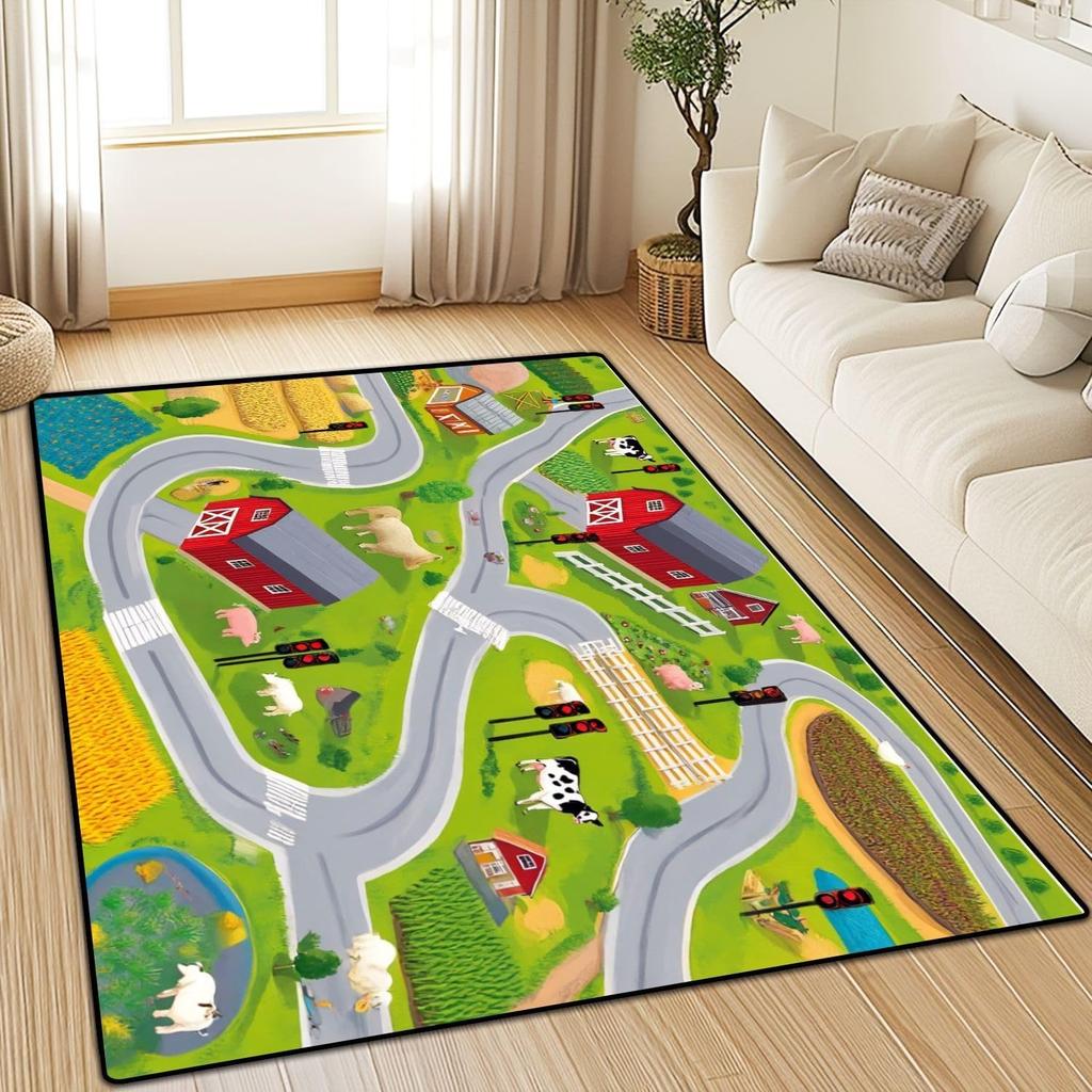 Farm Traffic Pattern Carpet Barn Animal Road River Print Living Room Mat Kids Cartoon Educational Home Decor Rug Soft Non-Slip