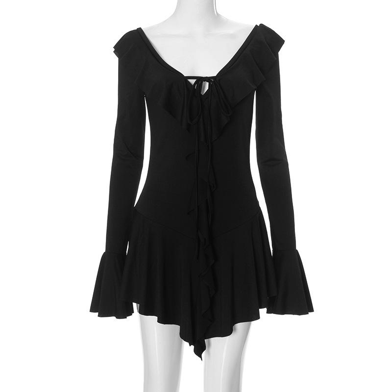 

Белое мини-платье с оборками и шнуровкой, женское, с V-образным вырезом, в стиле пэчворк, с длинным рукавом, сексуальное, облегающее, бандажное, элегантное, женское летнее платье L чёрный