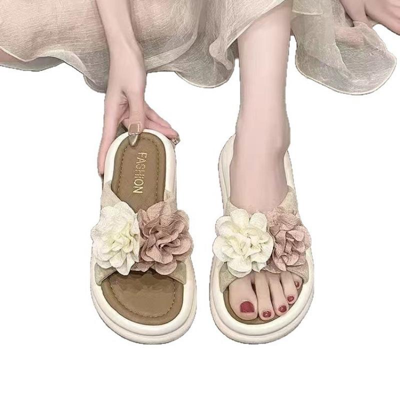 New One-word Slippers Women's Summer Wear Two-color Flower Thick-bottomed Cool Slippers Fashionable Non-slip Comfortable Beach Sandals