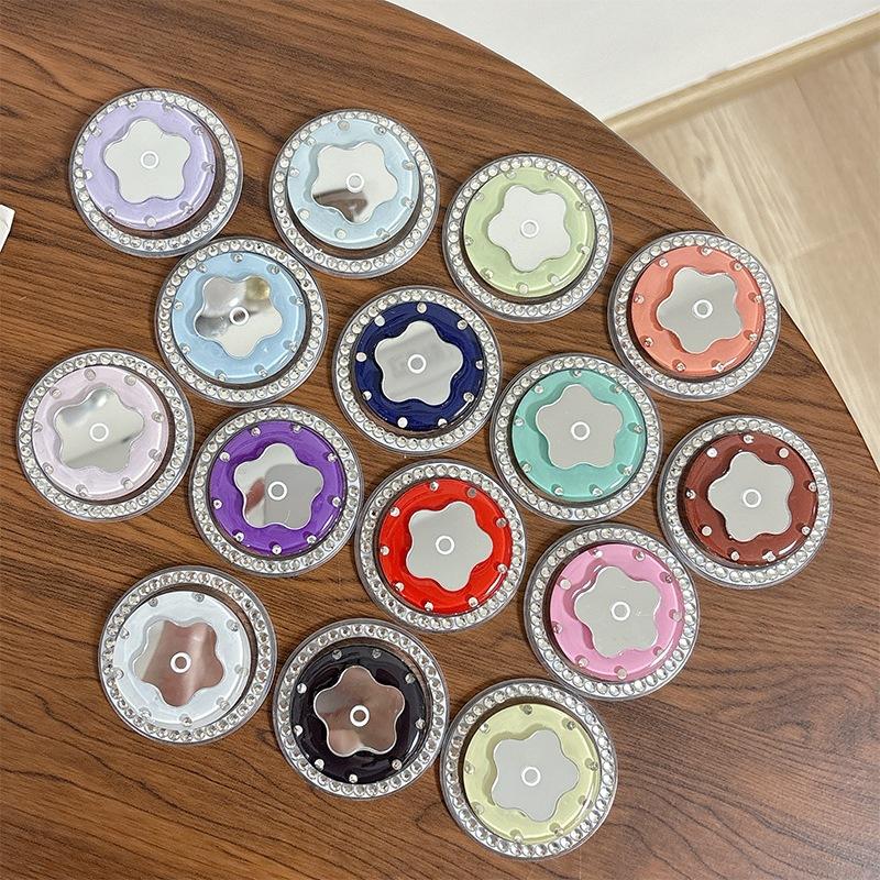 Small Fresh Flower Mirror Mobile Phone Airbag Holder Solid Color Ring Rhinestone Magnetic Creative Design Women'S Gift