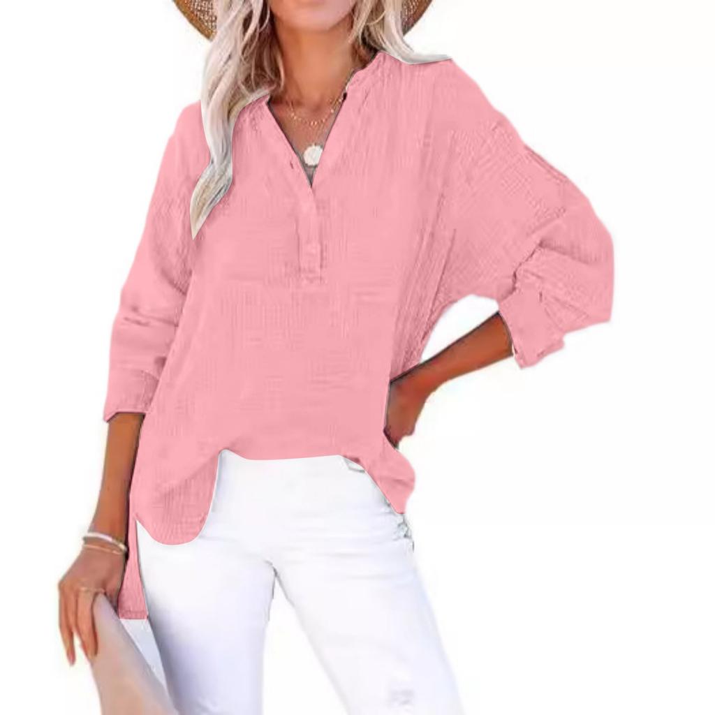 Fashion Women's Pleated Button Long Sleeve Solid Color Tops Women's Shirt Pullover