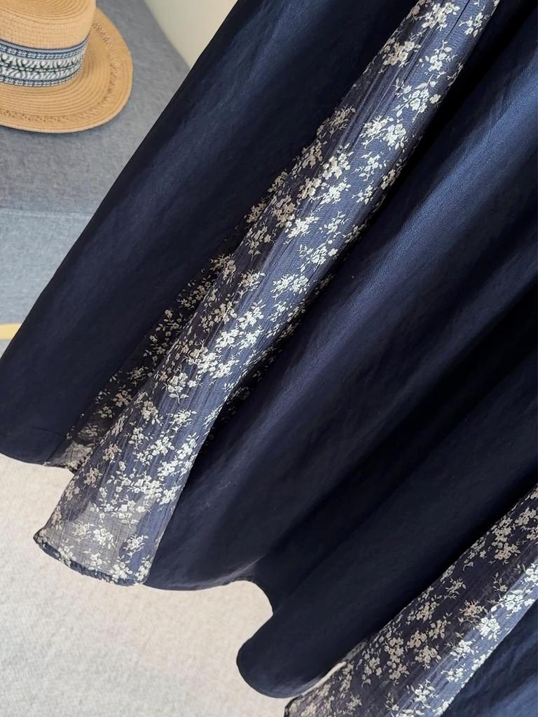 Women's 2026 Retro Floral Patchwork A-Line Midi Skirt - High Waist, Slimming Elastic Fit for Spring/Summer