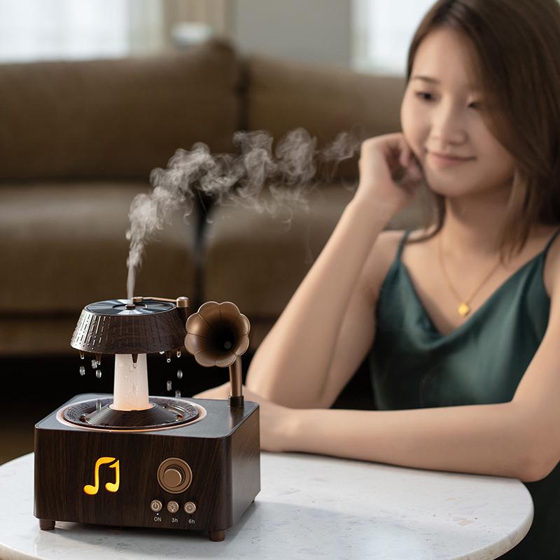 Retro Disc Bluetooth Aroma Diffusor: Drehendes Wassertropfen-Design, Hohe Nebelausgabe, Holzmaser-Oberfläche, Haushalts-Schreibtisch-Luftbefeuchter