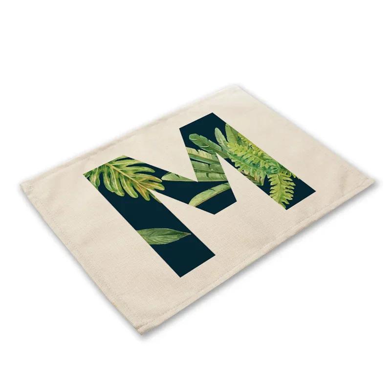 30x45cm Alphabet Letters Linen Kitchen Placemat Botanical Plant Green Tropical Leaves Dining Table Mats Coaster Pad