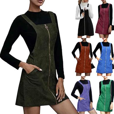 Women's Fashion Corduroy Solid Color All Seasons Ladies Sleeveless Zipper Pocket Casual Dress