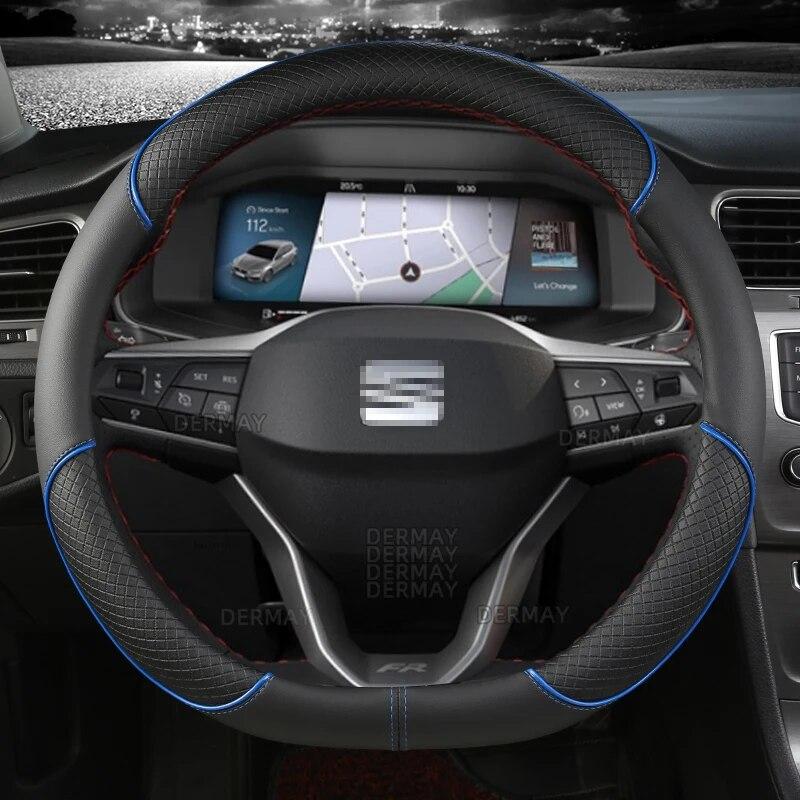 for Seat Tarraco Arona Ateca Ibiza Toledo Mii Leon Arosa Exeo ST FR 38cm Non-Slip Car Steering Wheel Cover Microfiber Leather