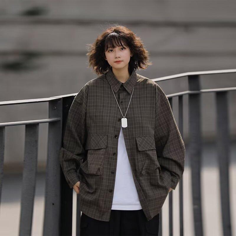 Retro Rutig Långärmad Skjorta i Japansk Stil med Stor Ficka Herr och Dam Vintage Flerficks Par Kontrastfärg Skjorta Jacka