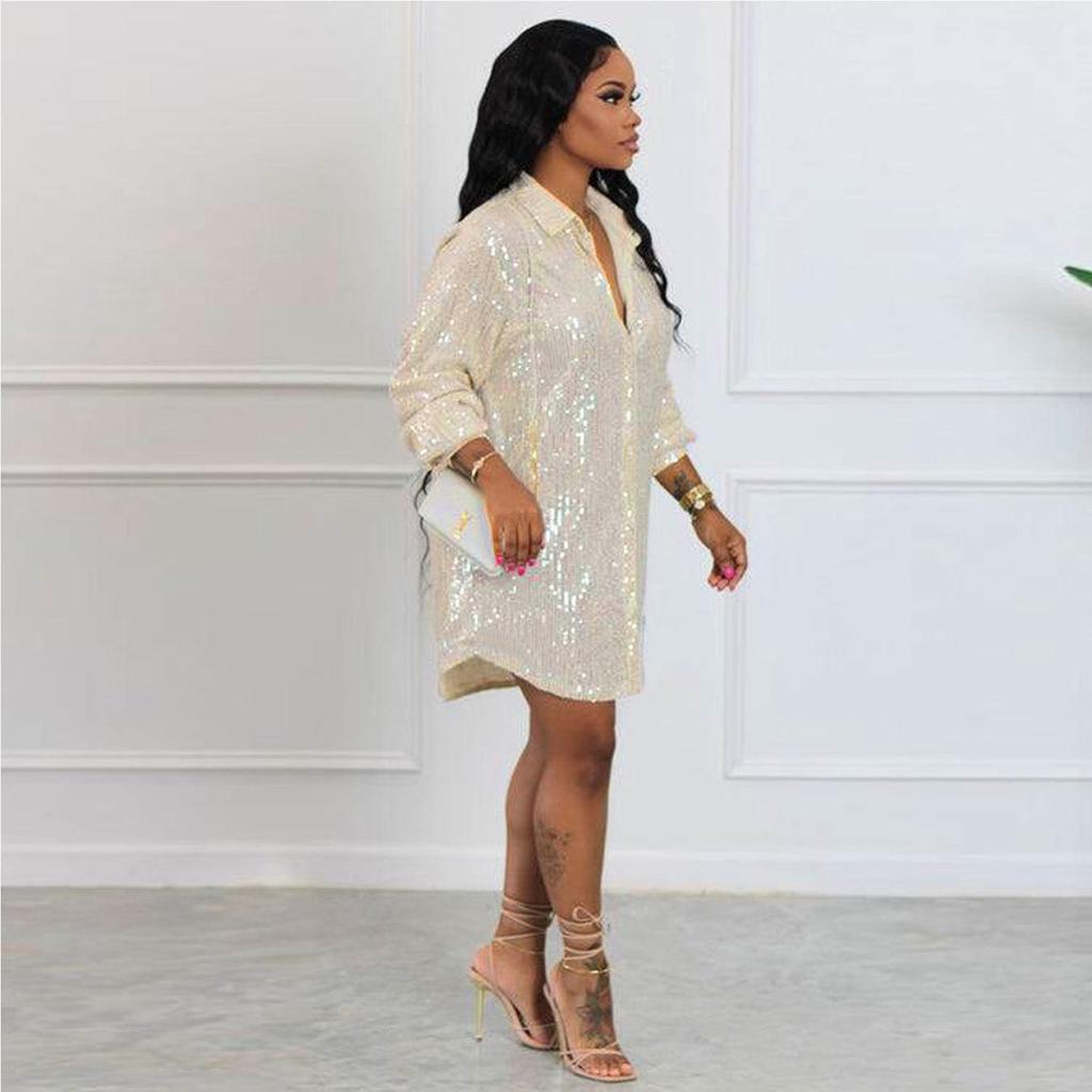 Stylish European & American Sequin Shirt Dress