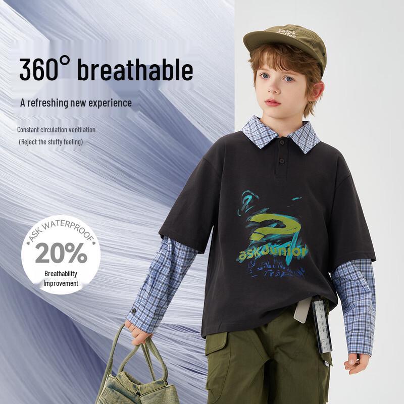 ASK JUNIOR Boys Plaid Color-Block Faux 2-Piece Long-Sleeve Polo Shirt 150