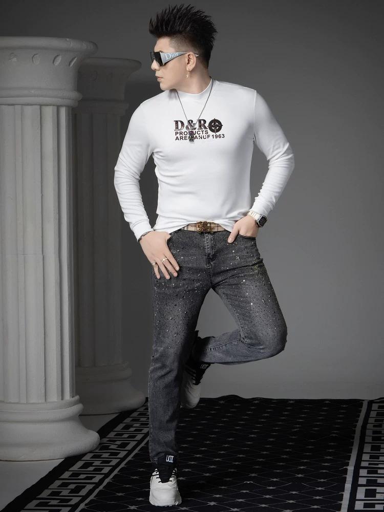 European Long-Sleeve T-Shirt for Men 2025 Autumn New Half-Turtleneck Top Men's Trendy Printed Rhinestone Base Shirt