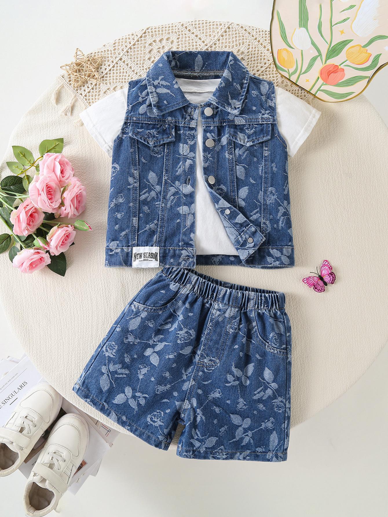 Girls  Two-Piece Casual & Stylish Vacation Outfit: Versatile Denim Vest with Allover Rose Texture Print, Paired with Matching Trendy Denim Shorts 2-3Y темно-синий