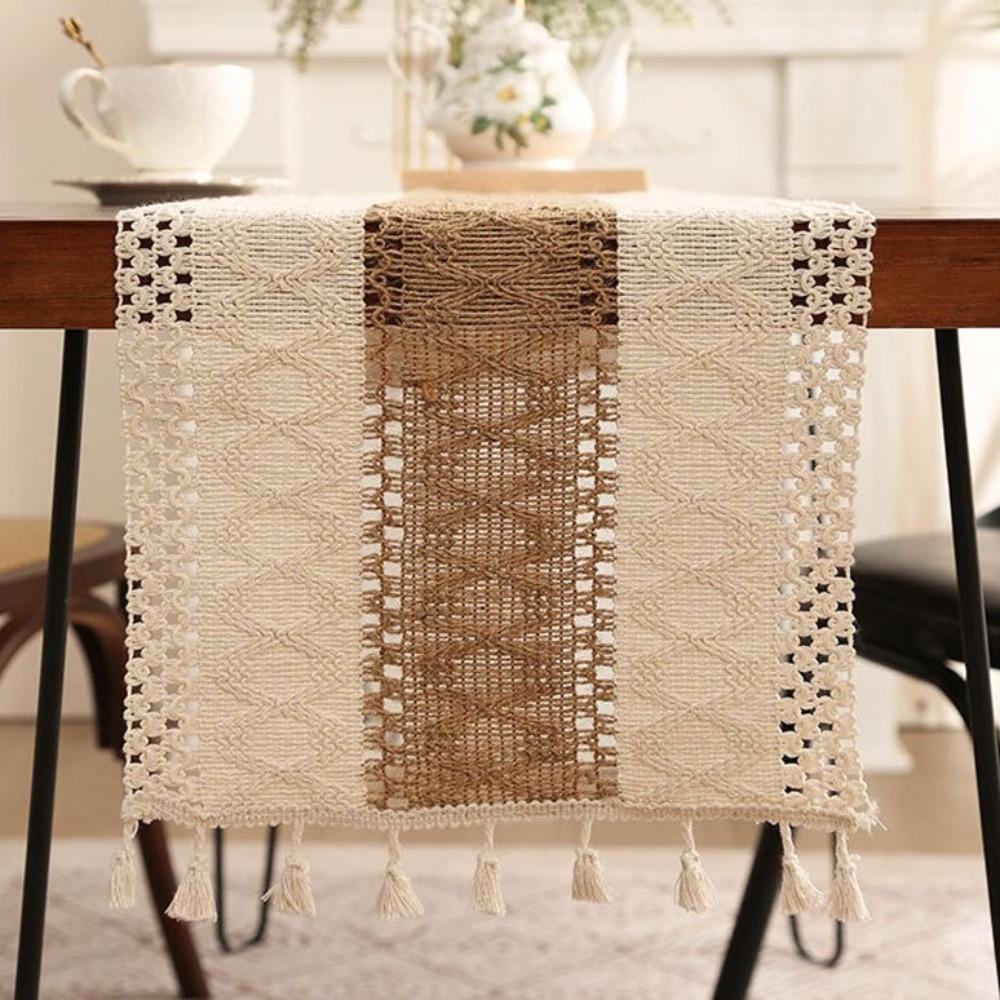 Soft Bohemian Table Flag Splicing Macrame Table Mat Knitted Hollow-out Table Runner  Dining Table