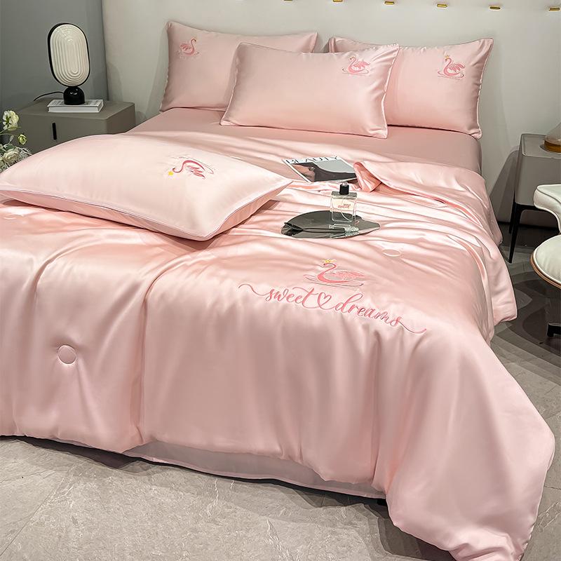 Embroidery Ice Silk Summer Quilt Set, Machine Washable, Luxury Bedding, Solid Color, Home Gift