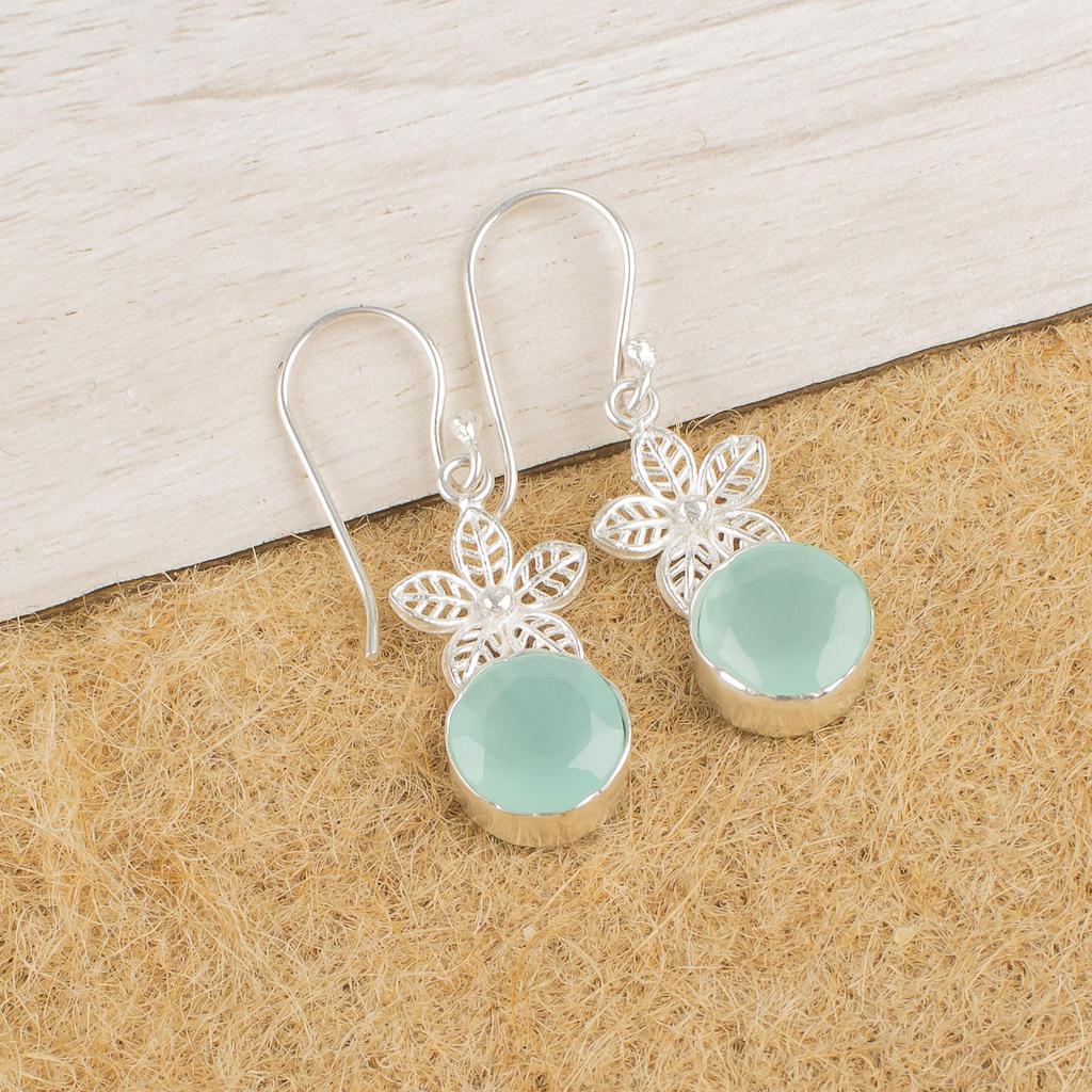 Aqua Chalcedon Handgefertigter Edelsteinschmuck, 925 Sterling Silber Ohrringe Unikat Design Schmuck, Für Frauen