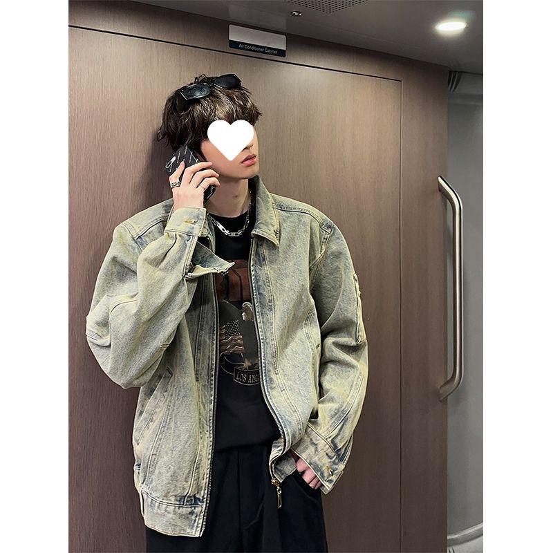 Distressed Washed Denim Jacket Men's Spring and Autumn New Handsome High Street Jacket American Couple Lapel Top