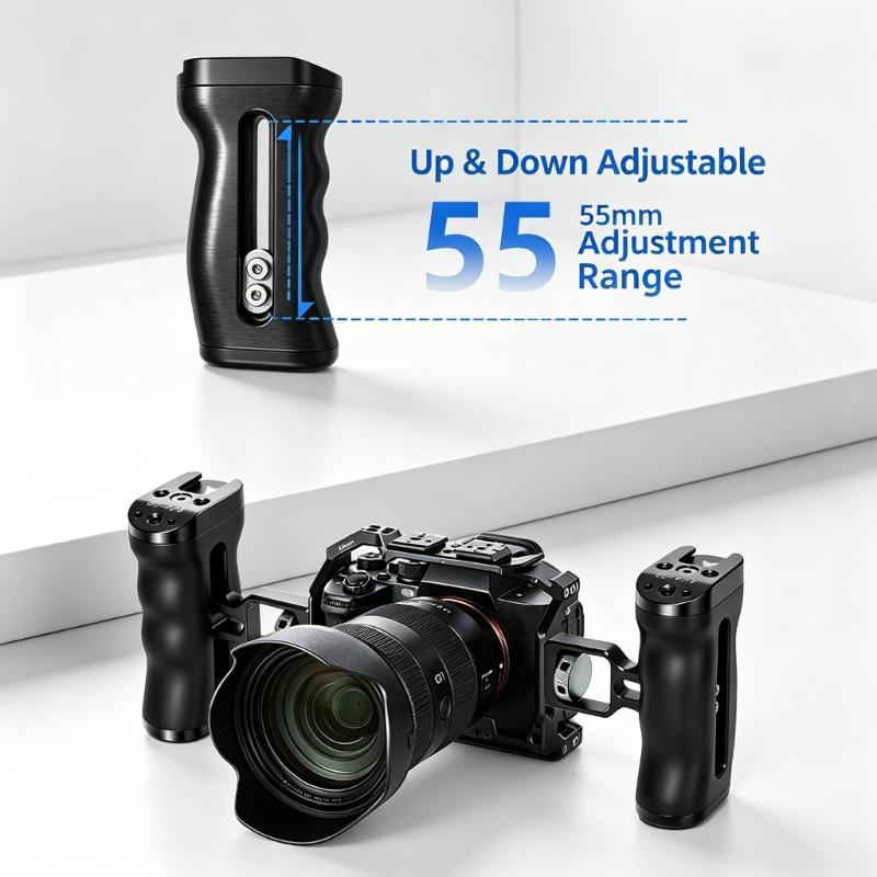 Camera Side Grip Handle with 1/4-20 Locating Pin Support, Textured Grip, Left or Right Mounting for Camera Cage Use, Field Filming, and Content Work