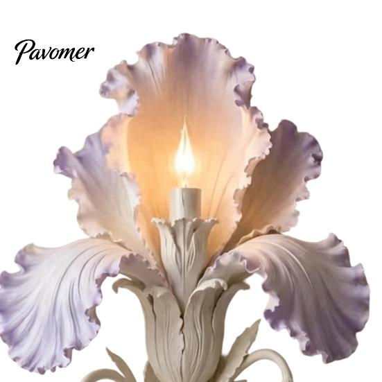 Modern Iris Petal Lamp Bloom Wall Sconce, Vintage Floral Light with Faux Crystal Sconce Drops, Romantic Purple Ambient for Bedroom Living Room
