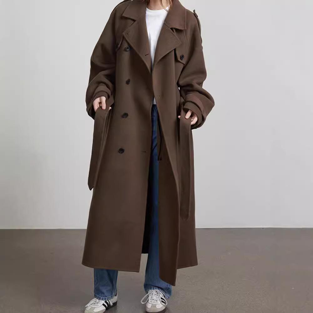 Women's Long Brown Trench Coat with Belt and Epaulettes