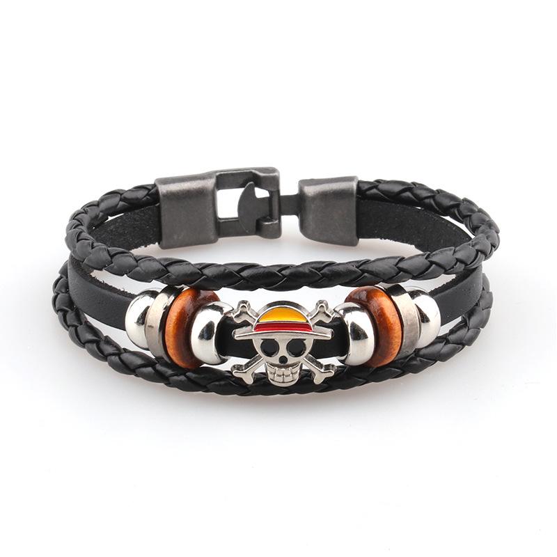 Brățară din piele cu craniu Luffy pentru bărbați, cu mărgele din lemn